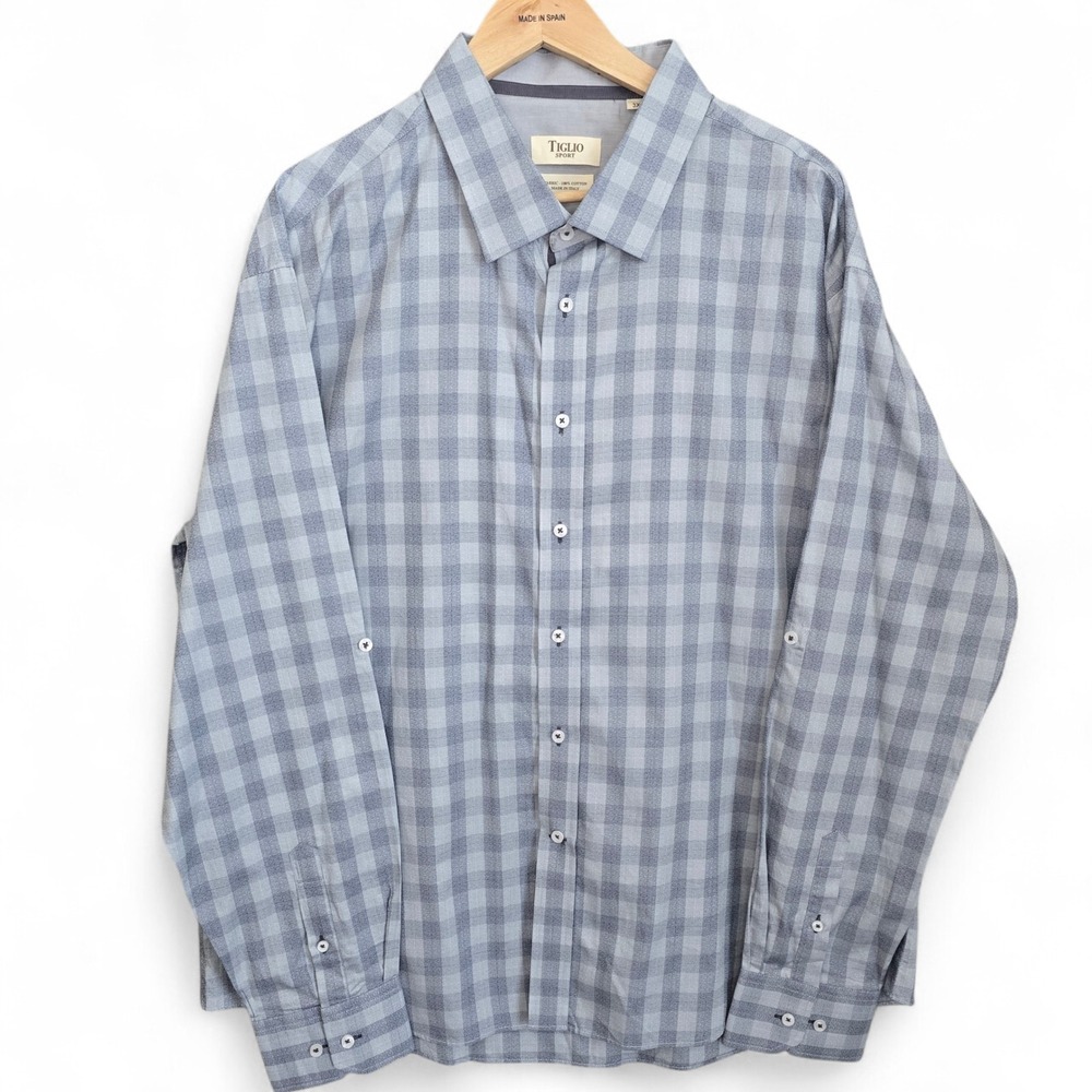 Tiglio Sport Shirt Mens 3X Gray Button Up Checkered Long Sleeve Cotton Italy
